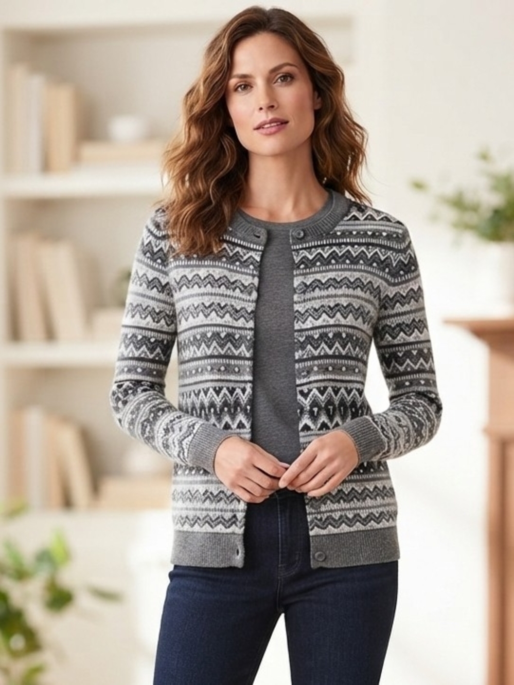 Talbots Gray Fair Isle Button-Front Crewneck Cardigan